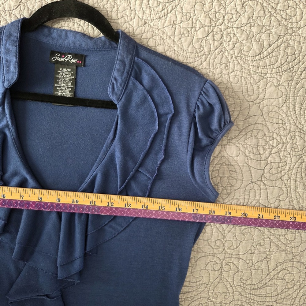 Vtg Y2K Women's L Susie Rose Blouse Cap Puff Sleeve Ruffle Front V Neck Navy - Picture 7 of 8